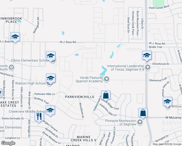 map of restaurants, bars, coffee shops, grocery stores, and more near 5148 Bayridge Court in Fort Worth