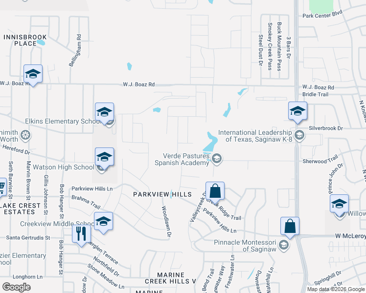 map of restaurants, bars, coffee shops, grocery stores, and more near 5148 Bayridge Court in Fort Worth
