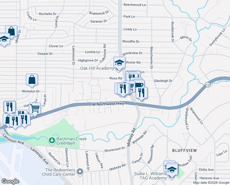 map of restaurants, bars, coffee shops, grocery stores, and more near 4166 Wilada Drive in Dallas