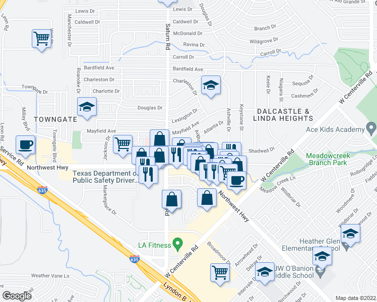 map of restaurants, bars, coffee shops, grocery stores, and more near 4242 Saturn Road in Garland