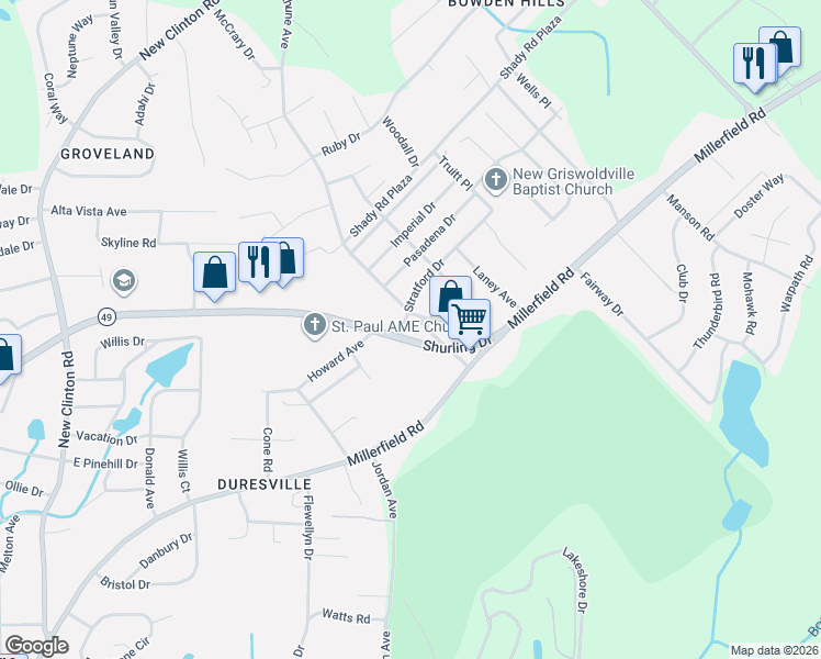 map of restaurants, bars, coffee shops, grocery stores, and more near 2904 Shurling Drive in Macon