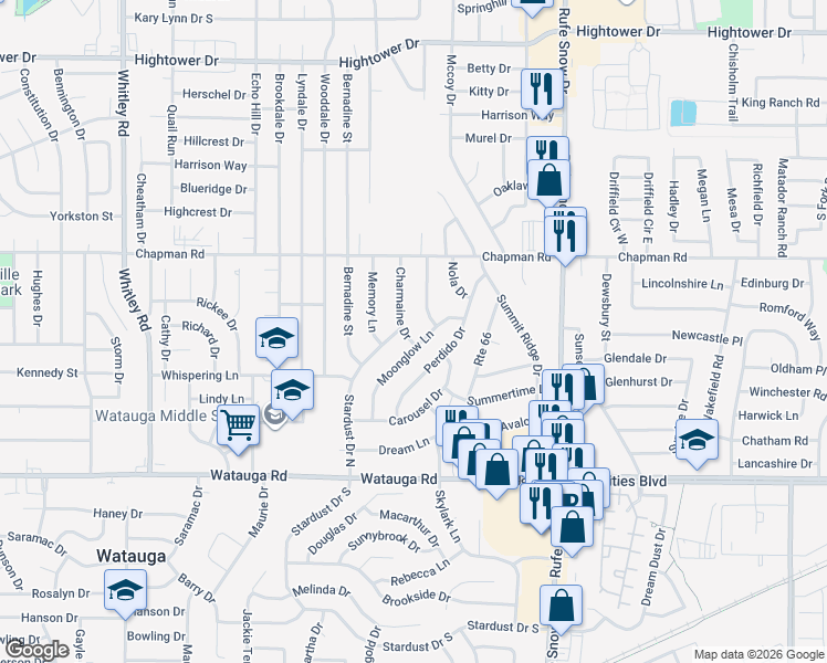 map of restaurants, bars, coffee shops, grocery stores, and more near 6500 Charmaine Drive in Watauga