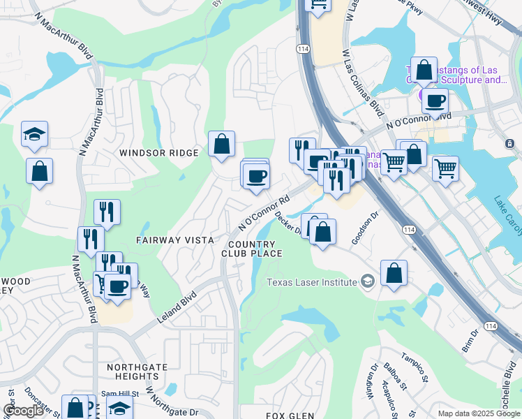 map of restaurants, bars, coffee shops, grocery stores, and more near 4809 North O'Connor Boulevard in Irving