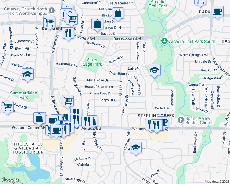 map of restaurants, bars, coffee shops, grocery stores, and more near 4753 China Rose Drive in Fort Worth