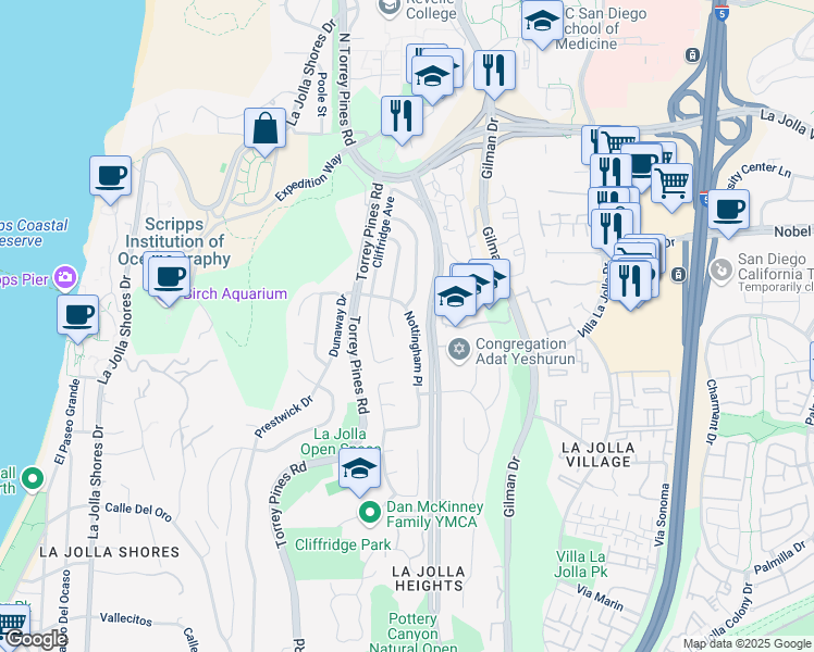 map of restaurants, bars, coffee shops, grocery stores, and more near 8720 Nottingham Place in La Jolla