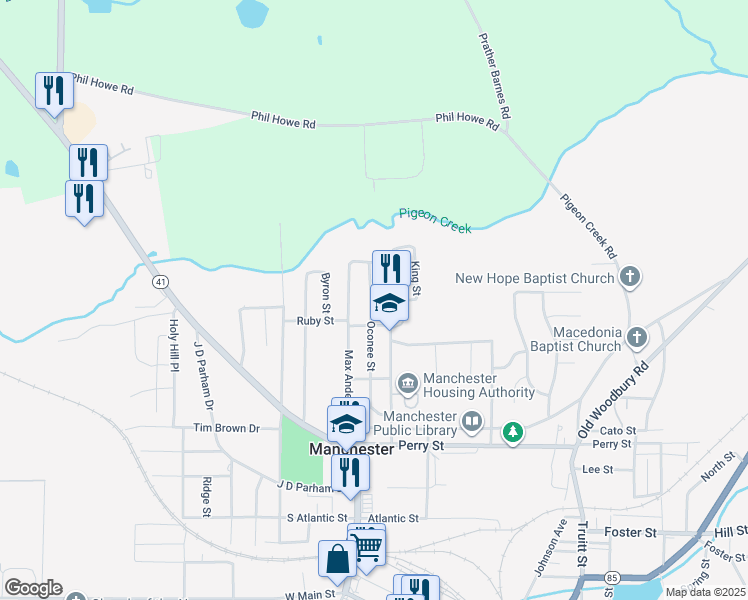 map of restaurants, bars, coffee shops, grocery stores, and more near 709 Oconee Street in Manchester