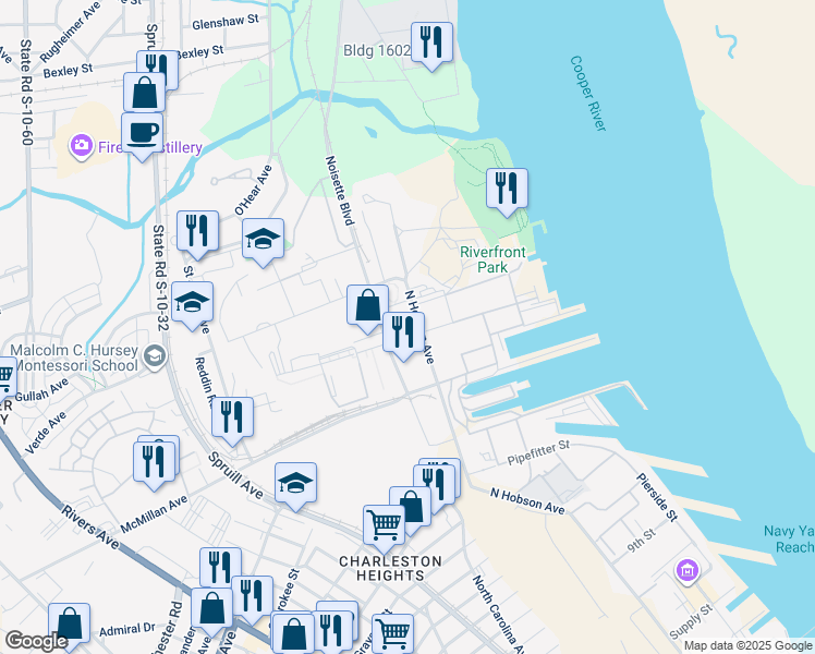 map of restaurants, bars, coffee shops, grocery stores, and more near 1360 Truxtun Avenue in North Charleston