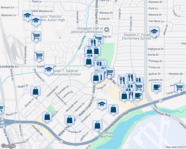 map of restaurants, bars, coffee shops, grocery stores, and more near Webb Chapel in Dallas