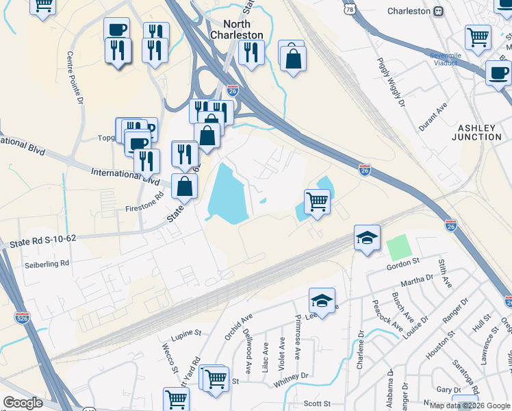 map of restaurants, bars, coffee shops, grocery stores, and more near 4905 Lake Palmetto Lane in North Charleston