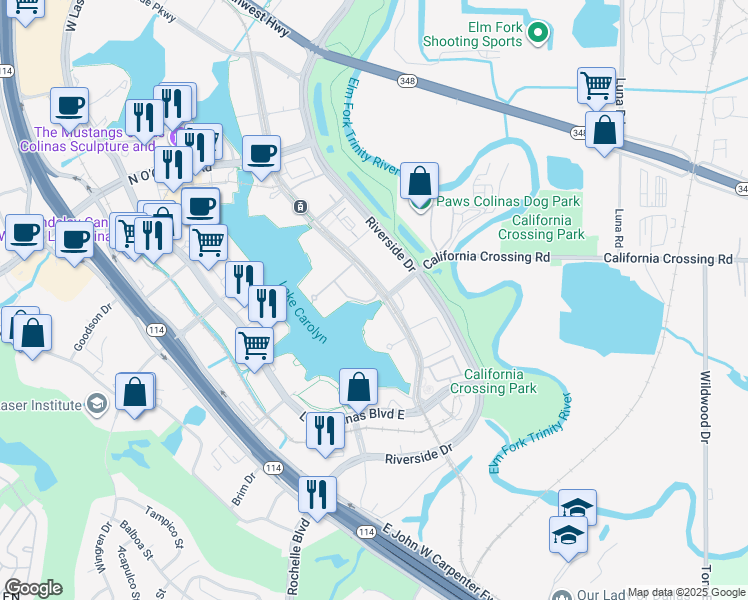 map of restaurants, bars, coffee shops, grocery stores, and more near 800 Lake Carolyn Parkway in Irving
