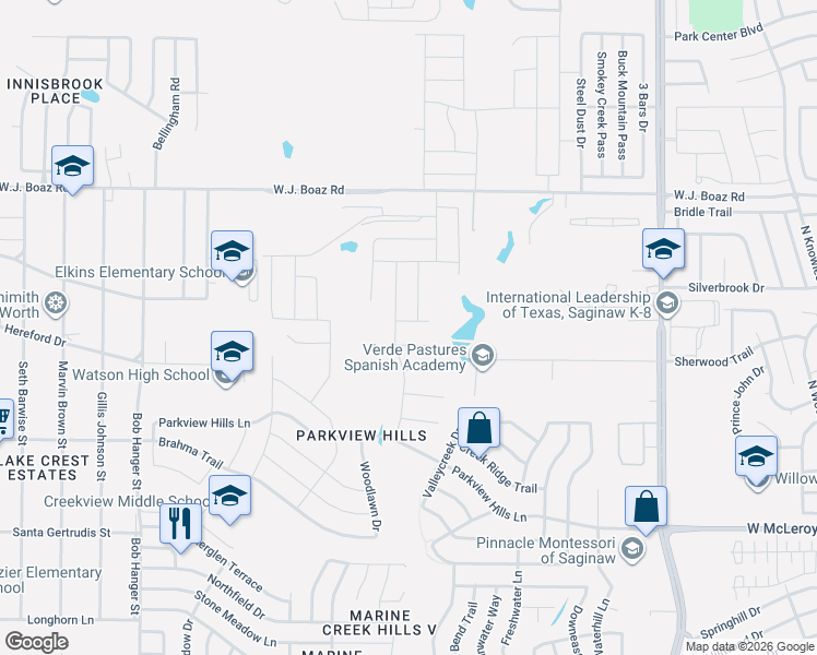 map of restaurants, bars, coffee shops, grocery stores, and more near 5148 Bayridge Court in Fort Worth