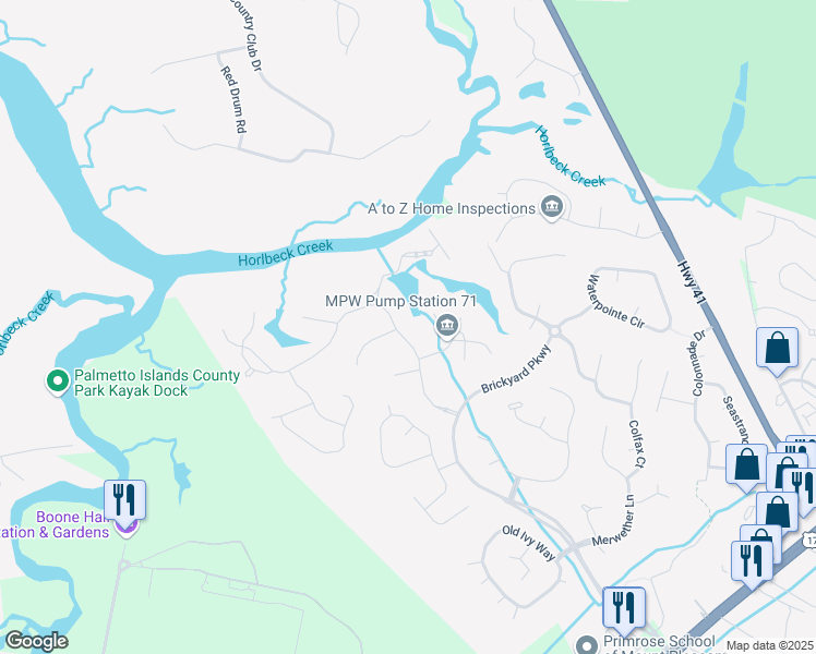 map of restaurants, bars, coffee shops, grocery stores, and more near 1336 Old Brickyard Road in Mount Pleasant
