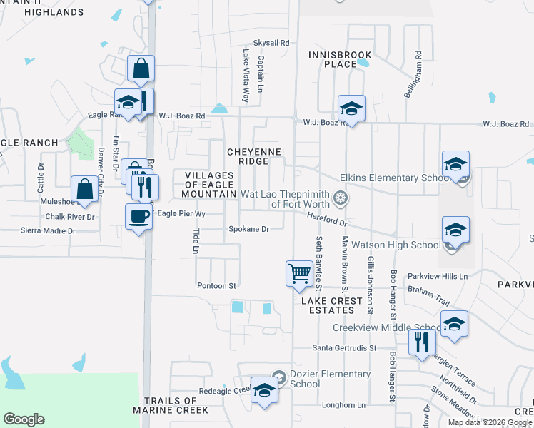 map of restaurants, bars, coffee shops, grocery stores, and more near 6237 Hereford Drive in Fort Worth