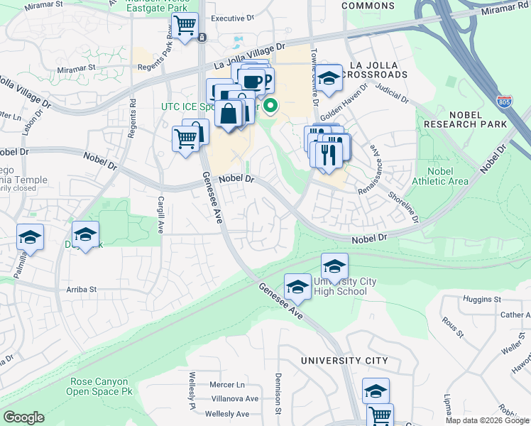map of restaurants, bars, coffee shops, grocery stores, and more near 8269 Avenida Navidad in San Diego