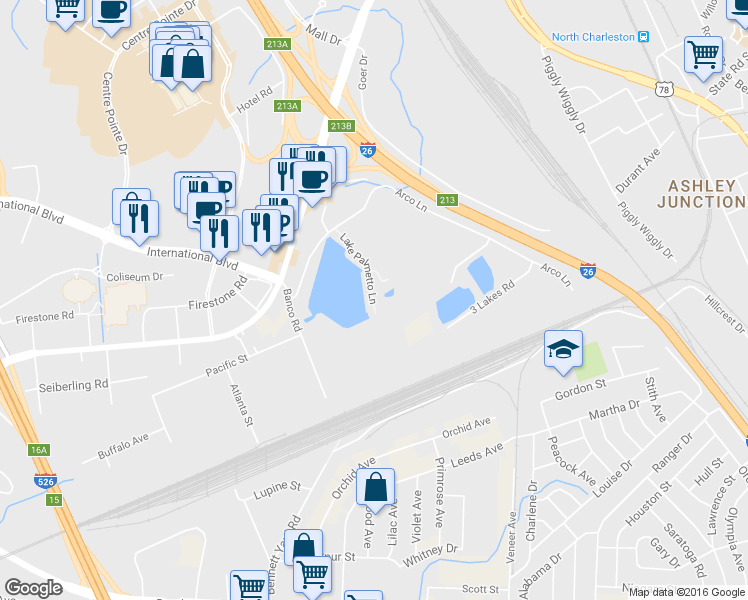 map of restaurants, bars, coffee shops, grocery stores, and more near 4905 Lake Palmetto Lane in North Charleston