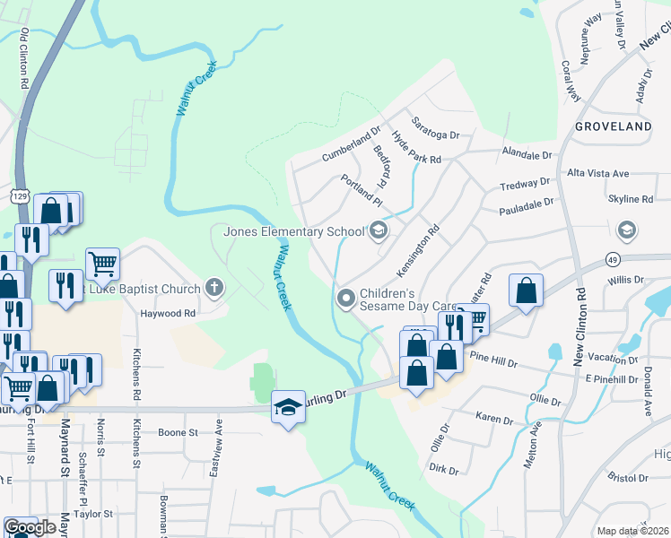 map of restaurants, bars, coffee shops, grocery stores, and more near 2761 Walnut Creek Road in Macon