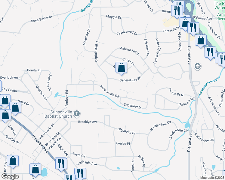 map of restaurants, bars, coffee shops, grocery stores, and more near 3343 Stinsonville Road in Macon