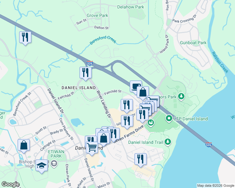 map of restaurants, bars, coffee shops, grocery stores, and more near 65 Fairchild Street in Charleston