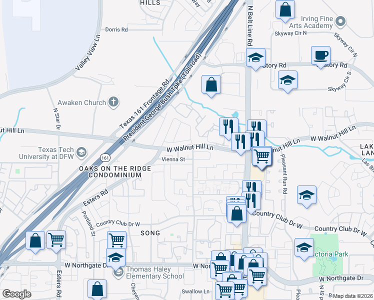 map of restaurants, bars, coffee shops, grocery stores, and more near 4018 Milan Drive in Irving