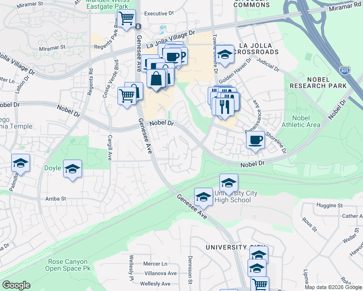 map of restaurants, bars, coffee shops, grocery stores, and more near 7954 Avenida Navidad in San Diego