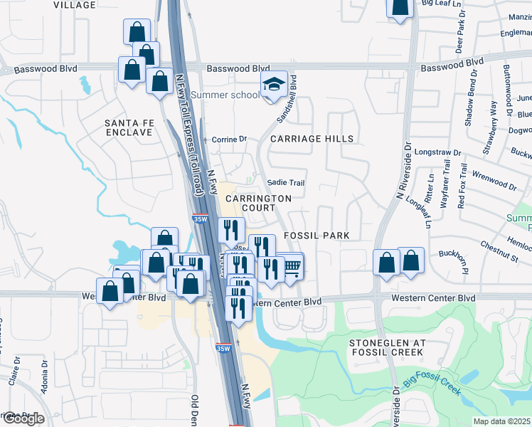 map of restaurants, bars, coffee shops, grocery stores, and more near 6801 Sandshell Boulevard in Fort Worth