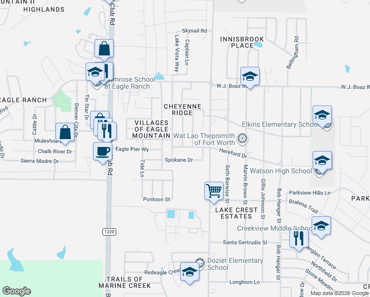 map of restaurants, bars, coffee shops, grocery stores, and more near 6237 Hereford Drive in Fort Worth