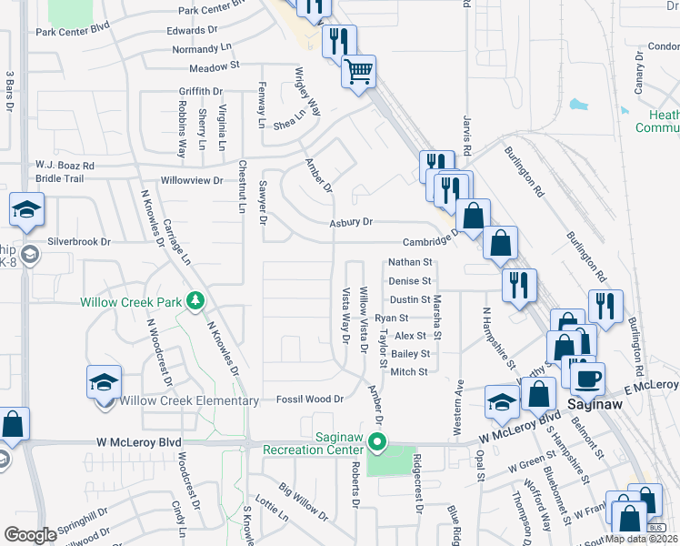 map of restaurants, bars, coffee shops, grocery stores, and more near 437 Vista Way Drive in Saginaw