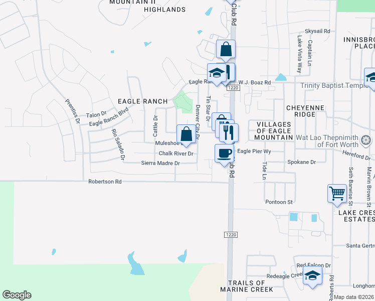 map of restaurants, bars, coffee shops, grocery stores, and more near 6516 Chalk River Drive in Fort Worth