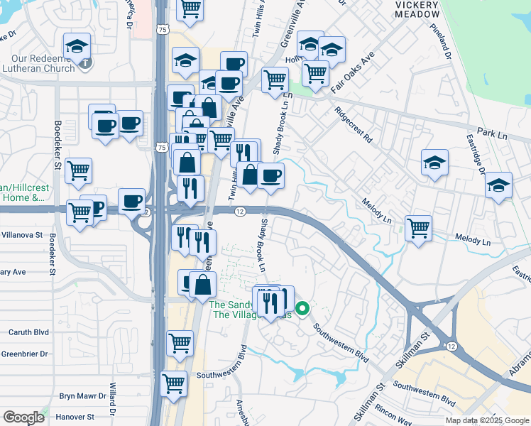 map of restaurants, bars, coffee shops, grocery stores, and more near 6652 Shady Brook Lane in Dallas