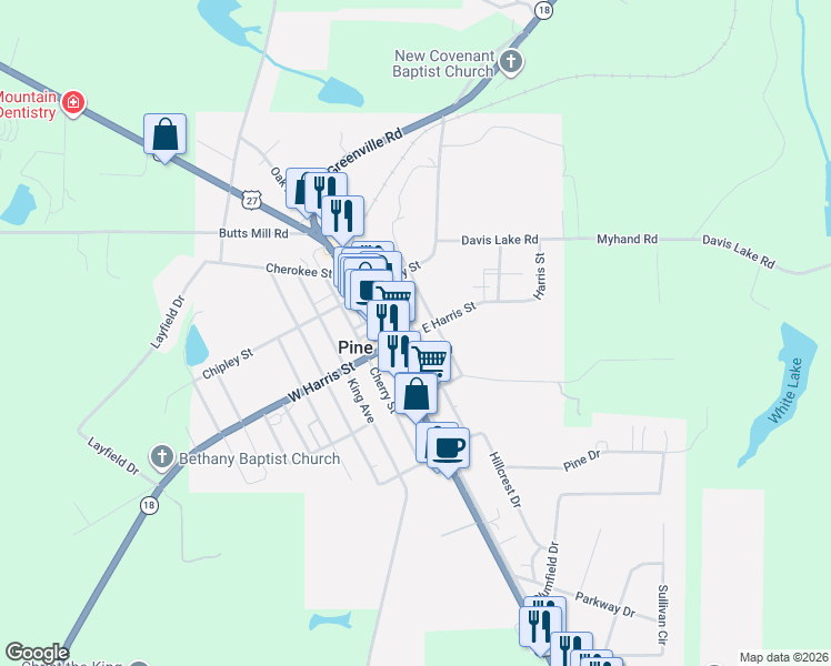 map of restaurants, bars, coffee shops, grocery stores, and more near in Pine Mountain