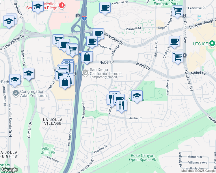 map of restaurants, bars, coffee shops, grocery stores, and more near 7568 Charmant Drive in San Diego