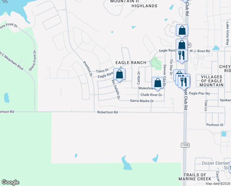 map of restaurants, bars, coffee shops, grocery stores, and more near 6905 Canyon Rim Drive in Fort Worth