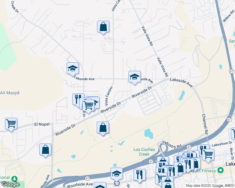 map of restaurants, bars, coffee shops, grocery stores, and more near 10283 New Bedford Court in Lakeside