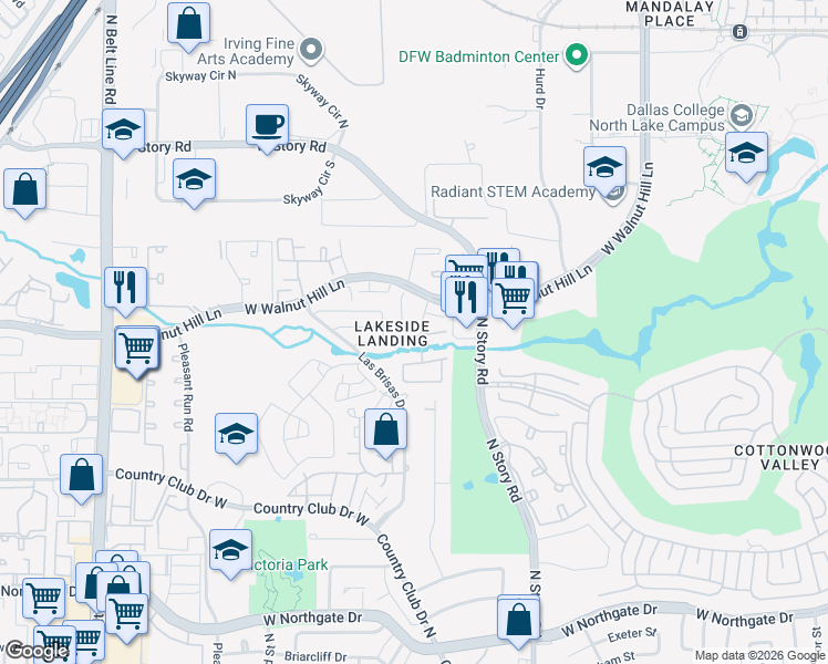 map of restaurants, bars, coffee shops, grocery stores, and more near 2400 Northlake Court in Irving