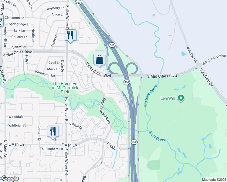 map of restaurants, bars, coffee shops, grocery stores, and more near 750 East Mid Cities Boulevard in Euless