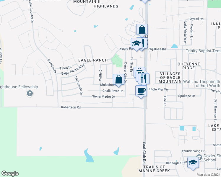 map of restaurants, bars, coffee shops, grocery stores, and more near 6600 Chalk River Drive in Fort Worth