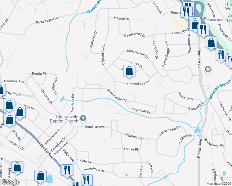 map of restaurants, bars, coffee shops, grocery stores, and more near 3434 Stinsonville Road in Macon