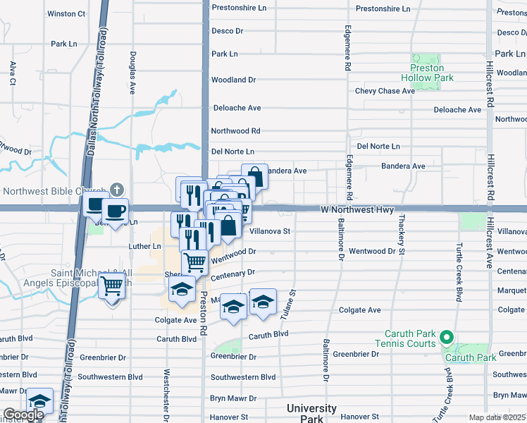map of restaurants, bars, coffee shops, grocery stores, and more near 3933 Northwest Parkway in Dallas