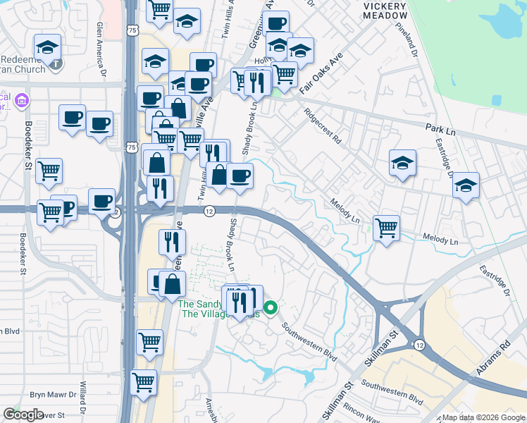 map of restaurants, bars, coffee shops, grocery stores, and more near 5959 Northwest Highway in Dallas