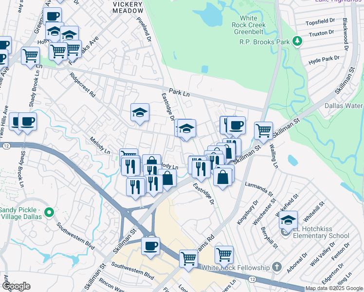 map of restaurants, bars, coffee shops, grocery stores, and more near 6686 Eastridge Drive in Dallas