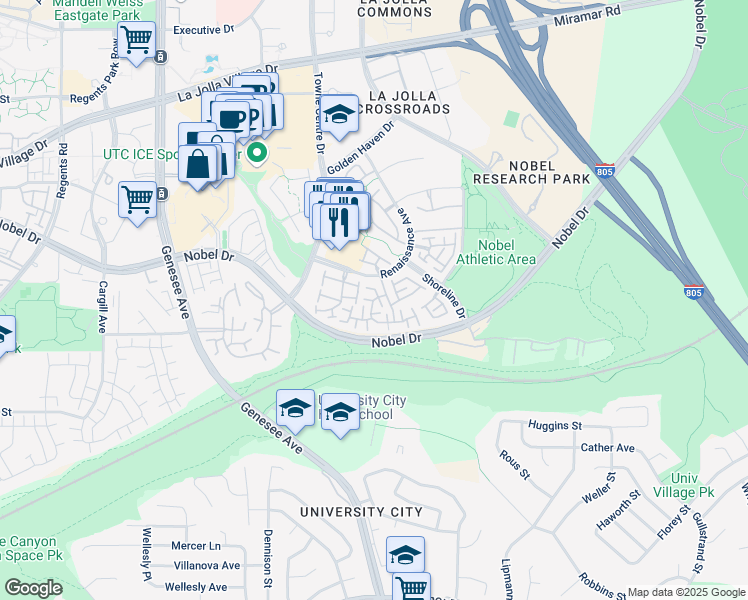 map of restaurants, bars, coffee shops, grocery stores, and more near 7162 Calabria Court in San Diego