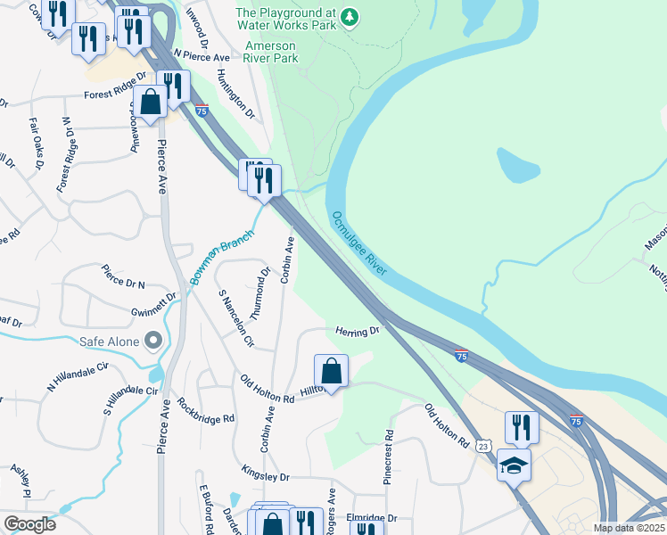 map of restaurants, bars, coffee shops, grocery stores, and more near Riverside Drive in Macon