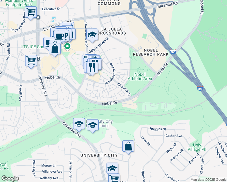 map of restaurants, bars, coffee shops, grocery stores, and more near 7187 Calabria Court in San Diego