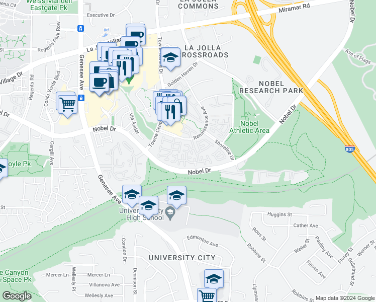 map of restaurants, bars, coffee shops, grocery stores, and more near 7162 Calabria Court in San Diego