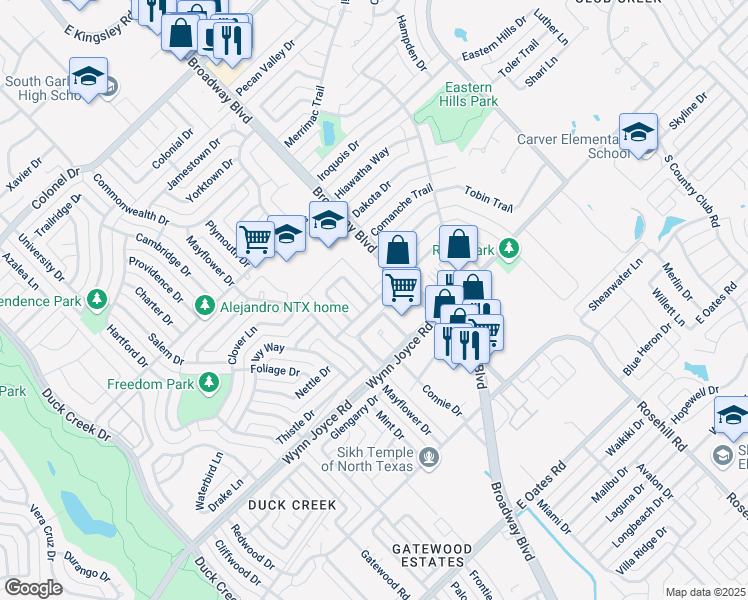 map of restaurants, bars, coffee shops, grocery stores, and more near 3959 Broadway Boulevard in Garland
