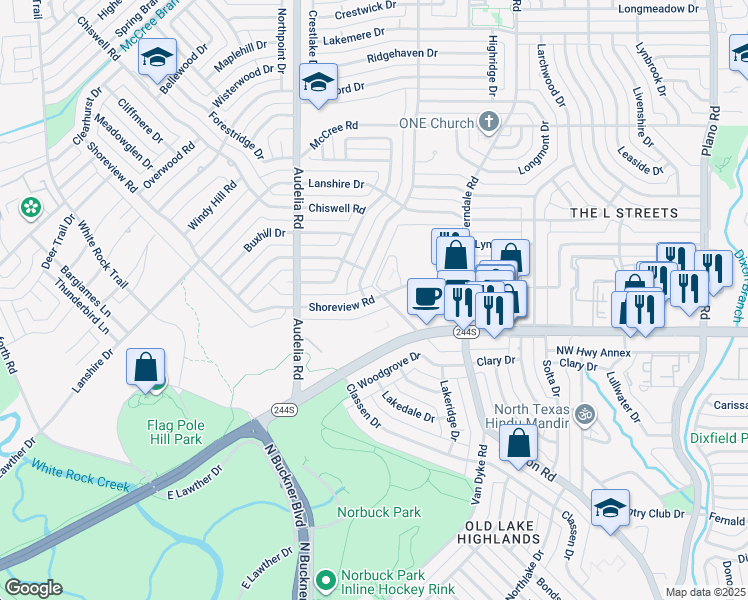 map of restaurants, bars, coffee shops, grocery stores, and more near 10031 Northwest Highway in Dallas