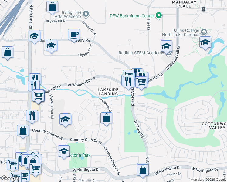 map of restaurants, bars, coffee shops, grocery stores, and more near 2400 Northlake Court in Irving