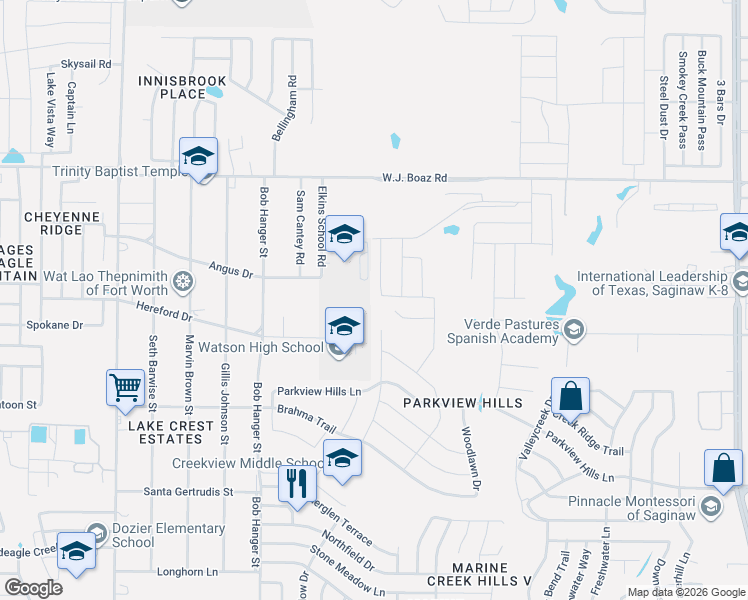 map of restaurants, bars, coffee shops, grocery stores, and more near 7250 Elkins School Road in Saginaw
