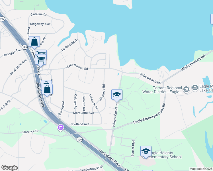 map of restaurants, bars, coffee shops, grocery stores, and more near 612 Alameda Road in Azle