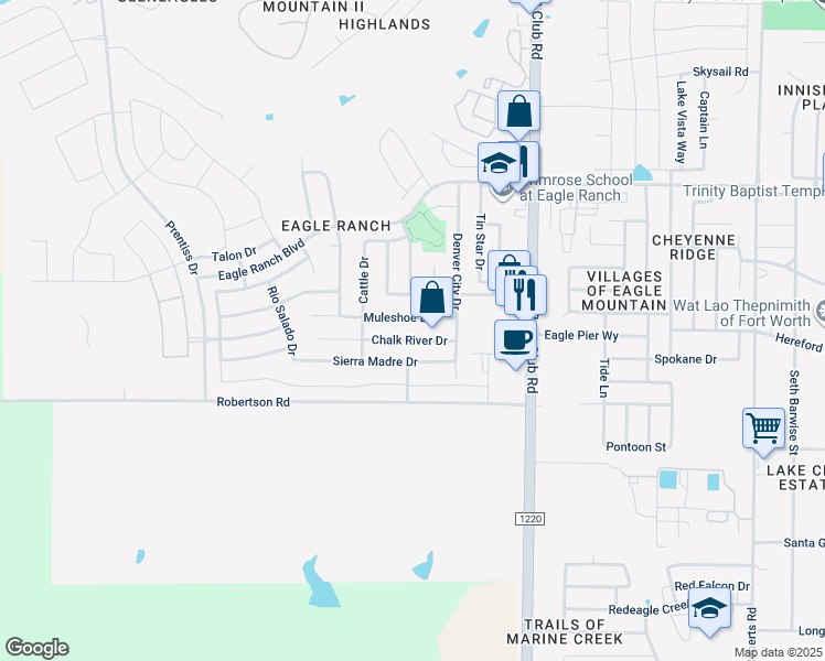 map of restaurants, bars, coffee shops, grocery stores, and more near 6536 Chalk River Drive in Fort Worth